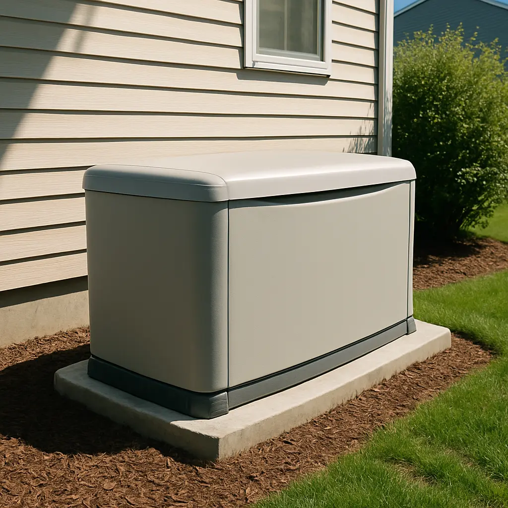 An outdoor standby generator beside a home