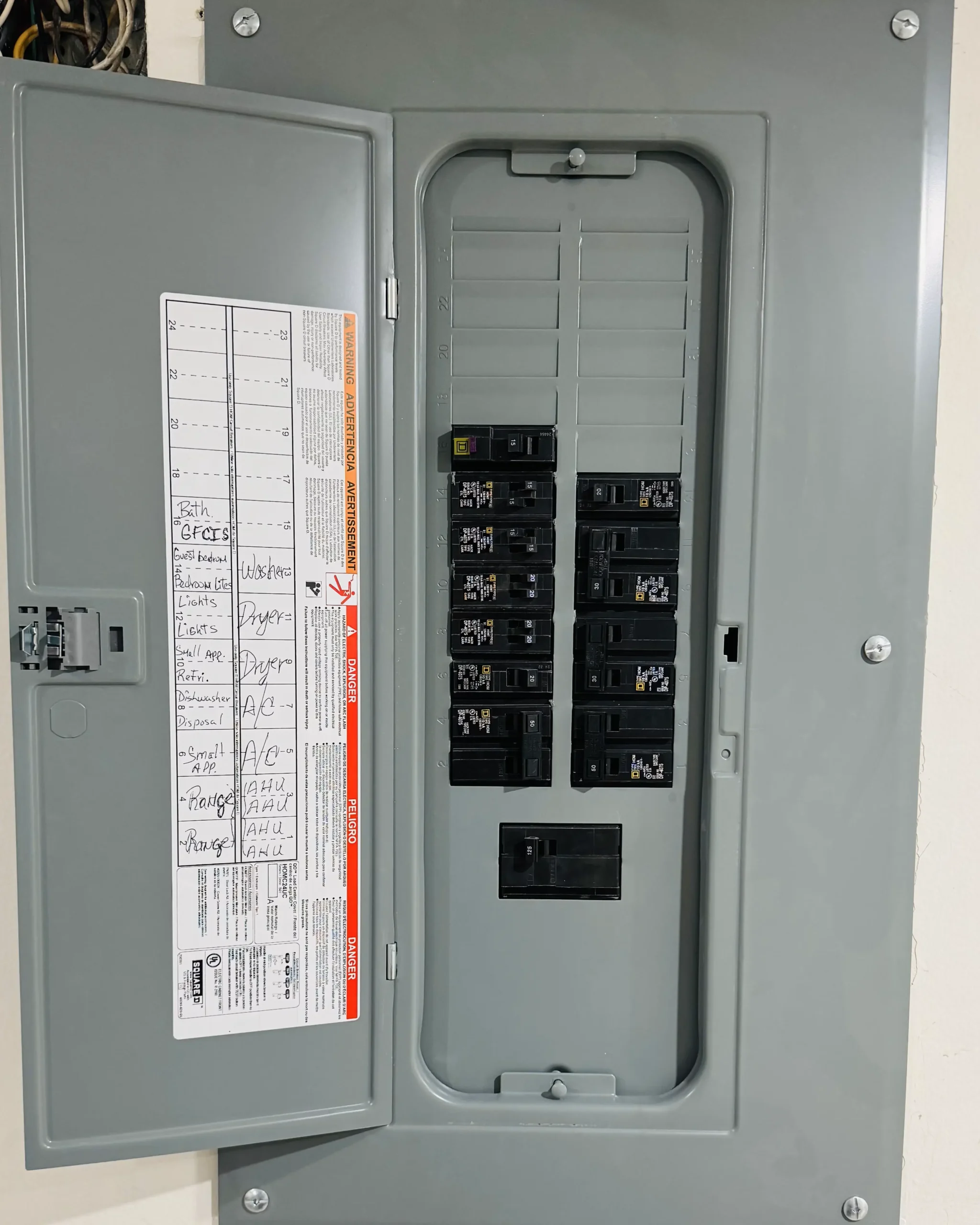 An electrical panel in a wall enclosure